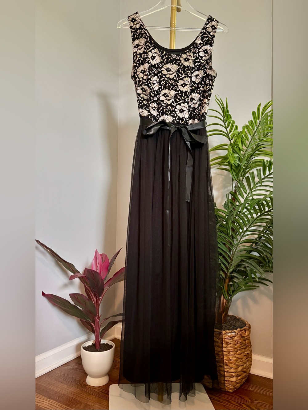 Lovely Grace Black Lace Dress with Gold Accents